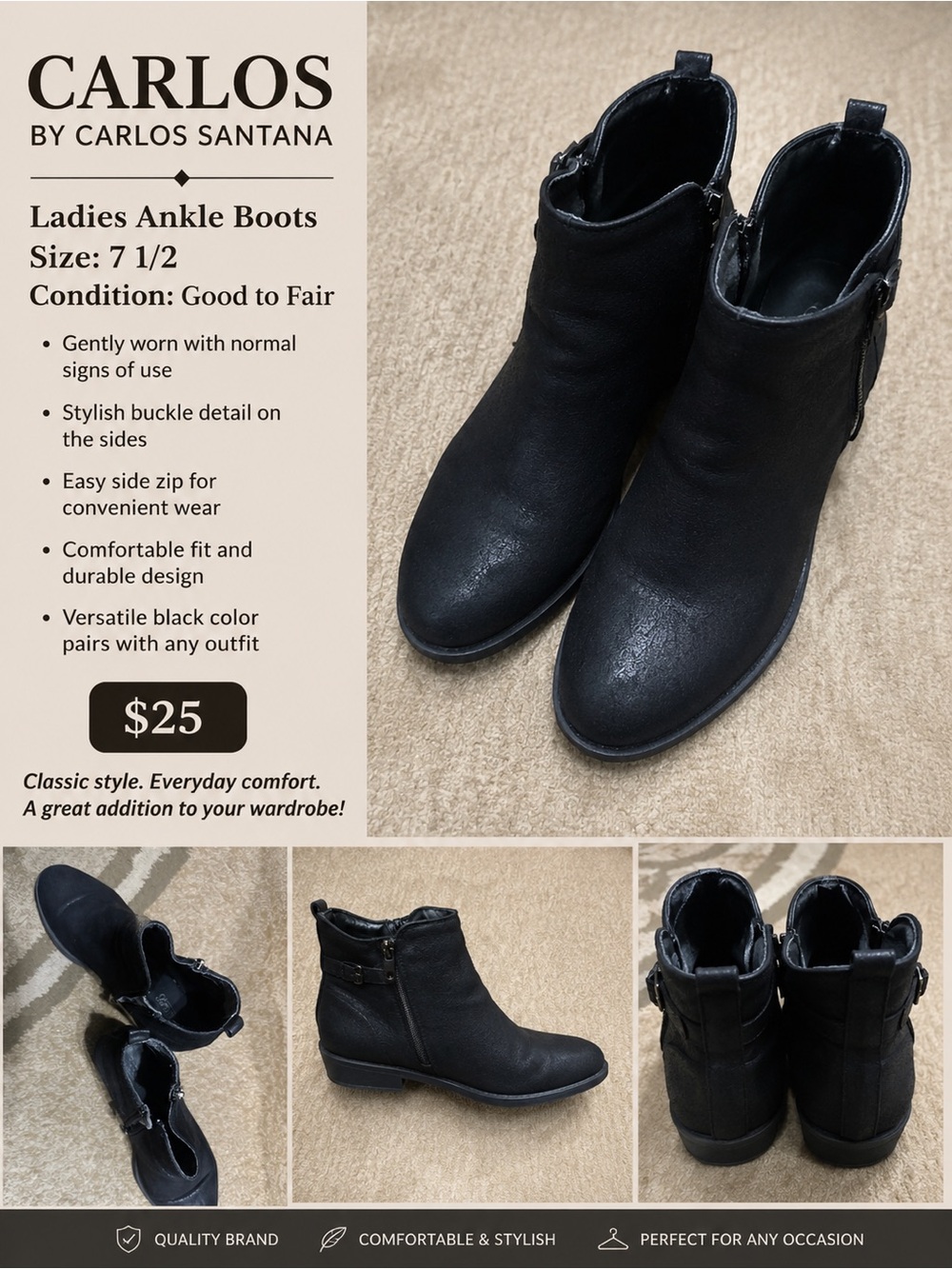 Carlos by Carlos Santana Black Ankle Booties | Women’s Size 7.5